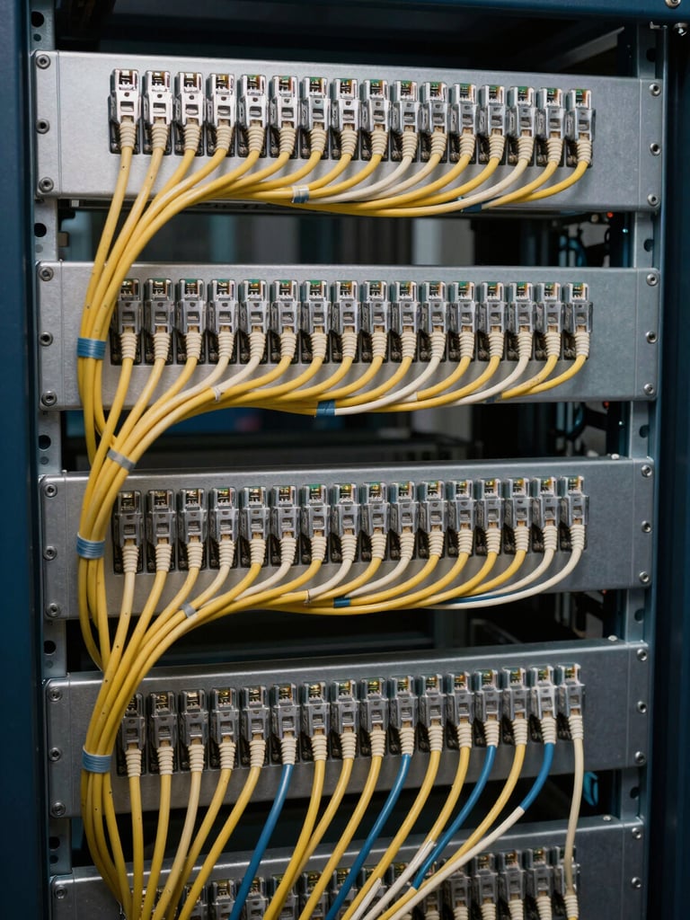 Close-up overhead shot of a structured cabling rack, neatly bundled and labeled ethernet cables in a steel enclosure, cool studio lighting revealing every connector and tie-wrap, no people in frame