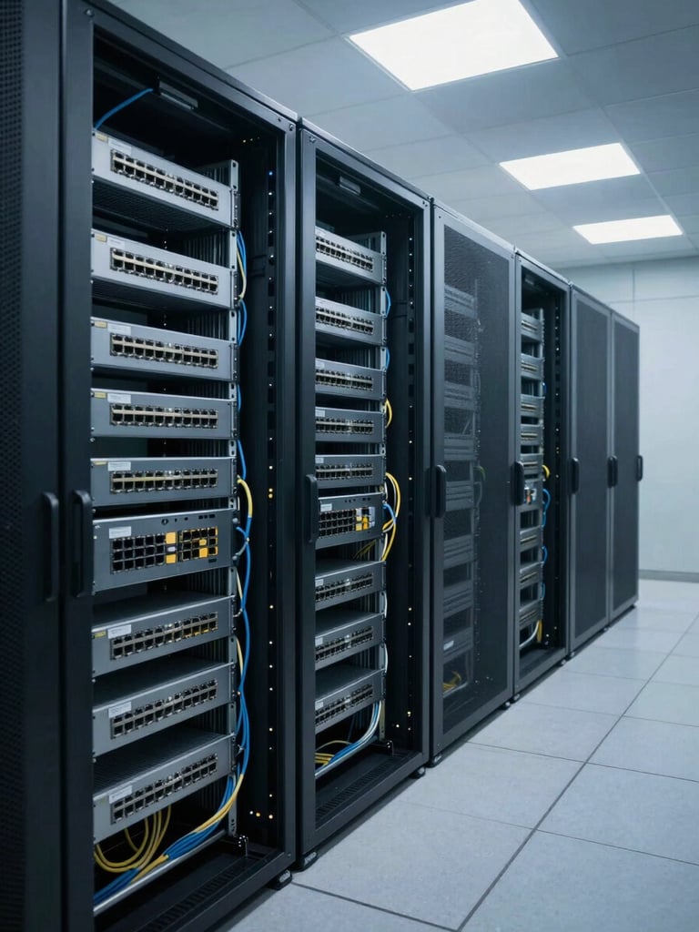 Wide shot of a clean server room interior, structured cabling runs neatly along cable trays to a fully populated rack, cool fluorescent overhead lighting, no people present, labels visible on patch panel ports
