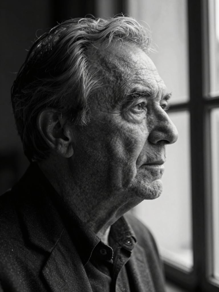 Candid black-and-white portrait of a founder in deep focus, looking thoughtfully out a window, moody natural light, deep shadows