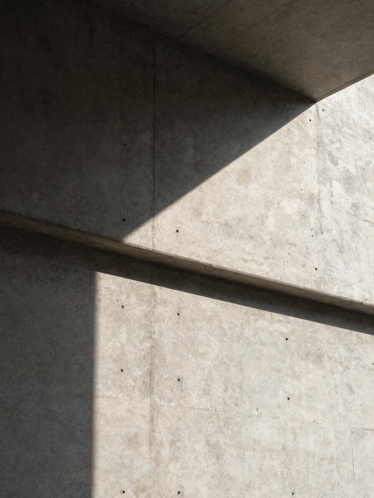 Moody directional natural light on architectural concrete, tight crop on structural seams and deep shadows.
