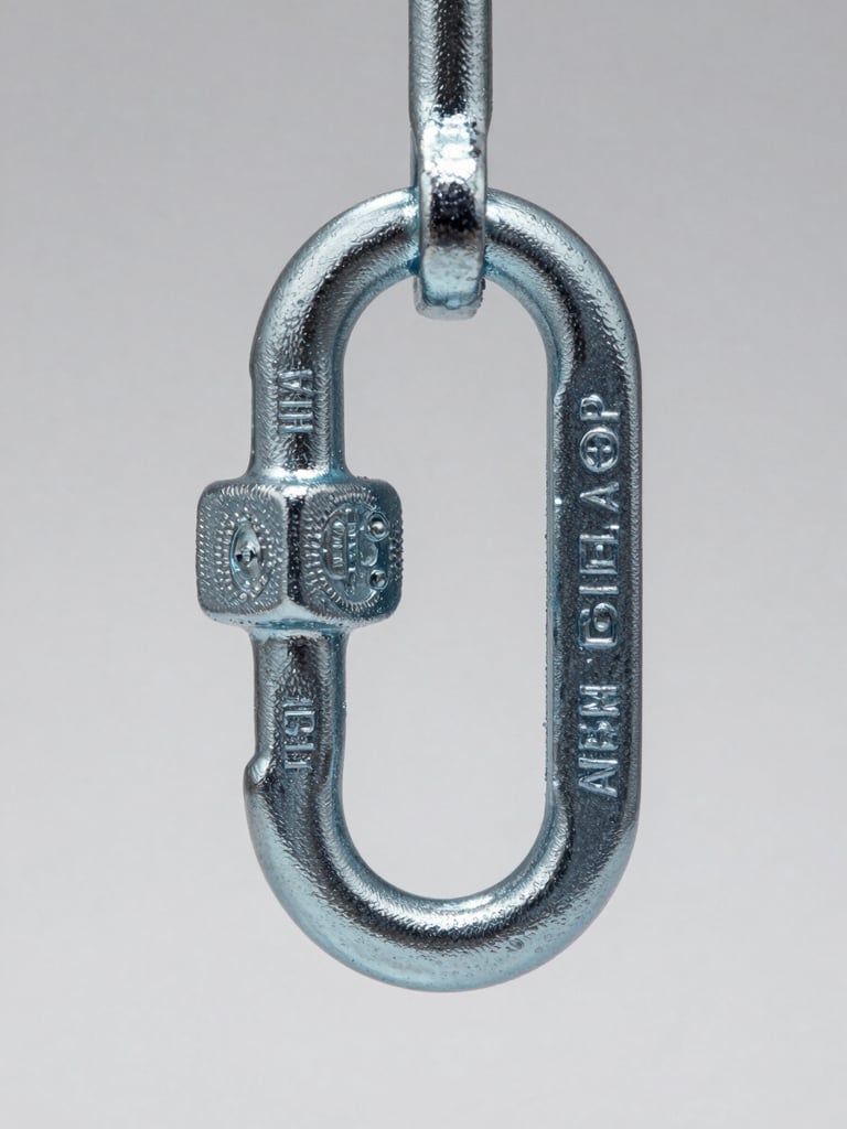 Straight-on technical product profile of a heavy-duty ASTM certified shackle under tension, crisp industrial studio lighting, metallic highlights