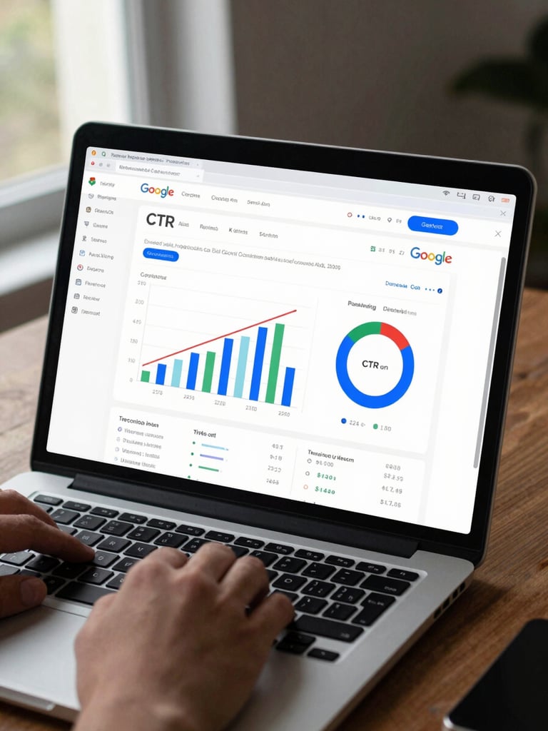 Medium shot of a laptop screen on a desk showing a Google Ads campaign dashboard with CTR and conversion graphs, cool indoor daylight, hands resting on keyboard in lower frame
