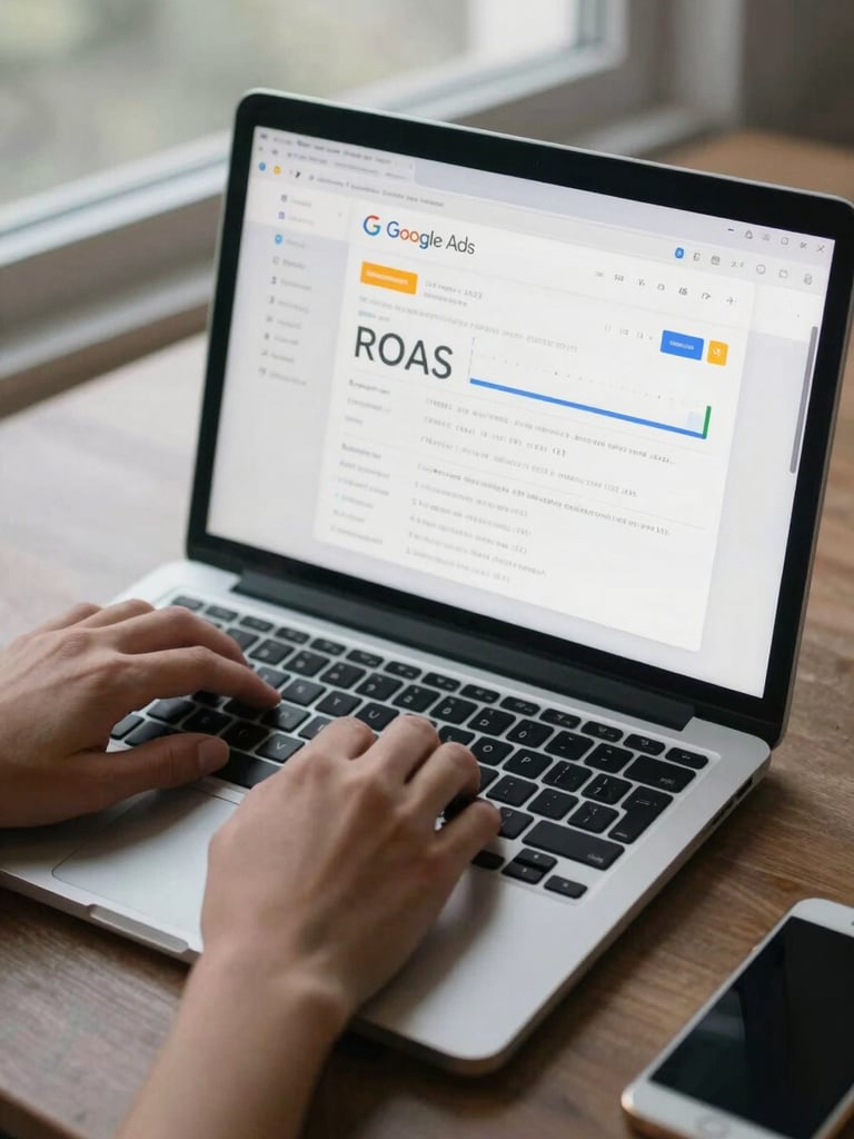 Medium shot from above of hands typing on a laptop keyboard, Google Ads interface visible on screen with ROAS metrics highlighted, cool neutral daylight from a side window, desk surface partially visible, no staged props