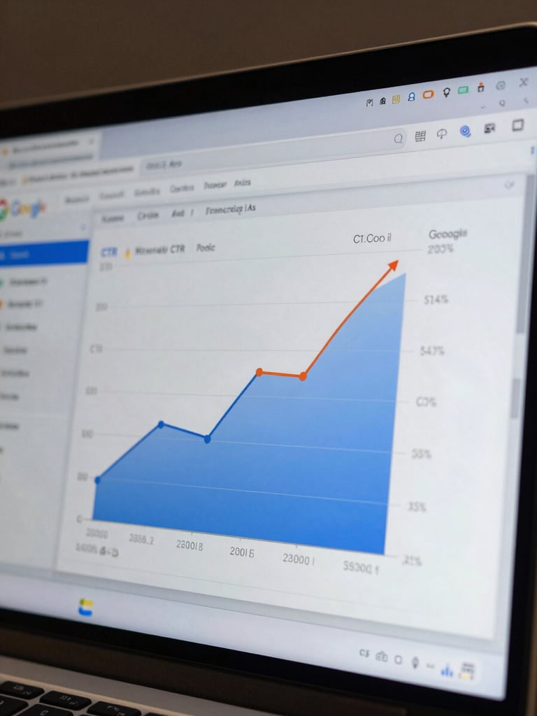 Extreme close-up of a laptop screen displaying a Google Ads campaign dashboard, CTR and conversion rate graphs trending sharply upward, cool indoor studio lighting, data labels clearly visible, no people in frame