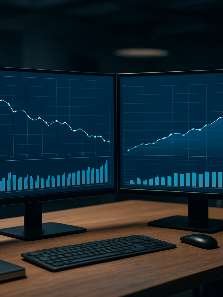 Wide environmental shot of a workspace with two monitors showing analytics dashboards side by side, cost-per-conversion graphs trending downward on the left screen, lead volume chart trending upward on the right, cool studio lighting, no people