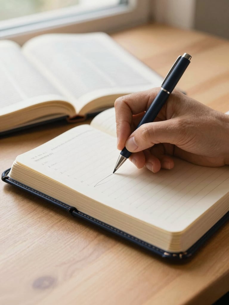 Close-up of hands writing notes in a leather journal next to an open Bible, warm morning light, academic study focus