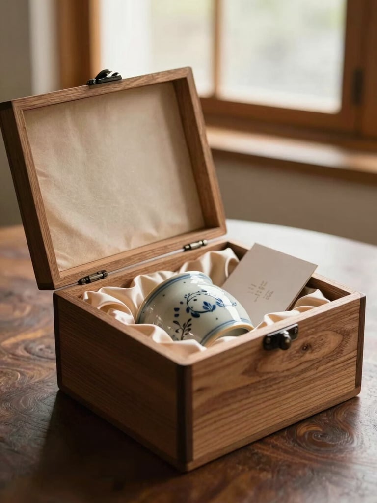 Close environmental shot of an open wooden gift box on a table—silk lining visible, a ceramic piece and folded card inside—photographed from a slight angle in warm window light, background out of focus, no studio props