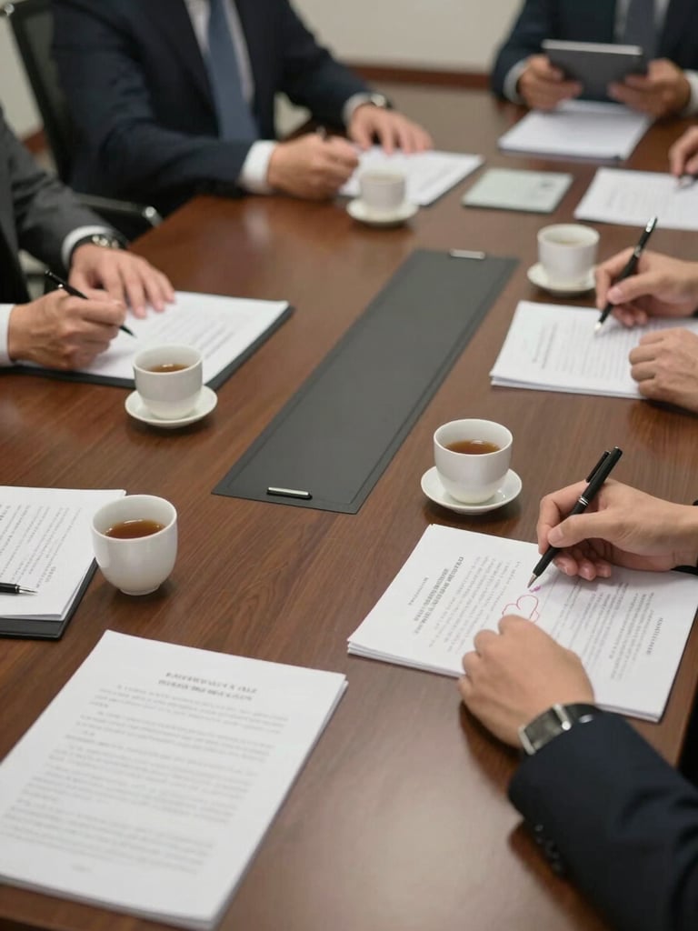 Close overhead view of a conference table in a Chinese business meeting room, documents and tea cups in use, hands visible mid-discussion, available institutional lighting, no faces visible