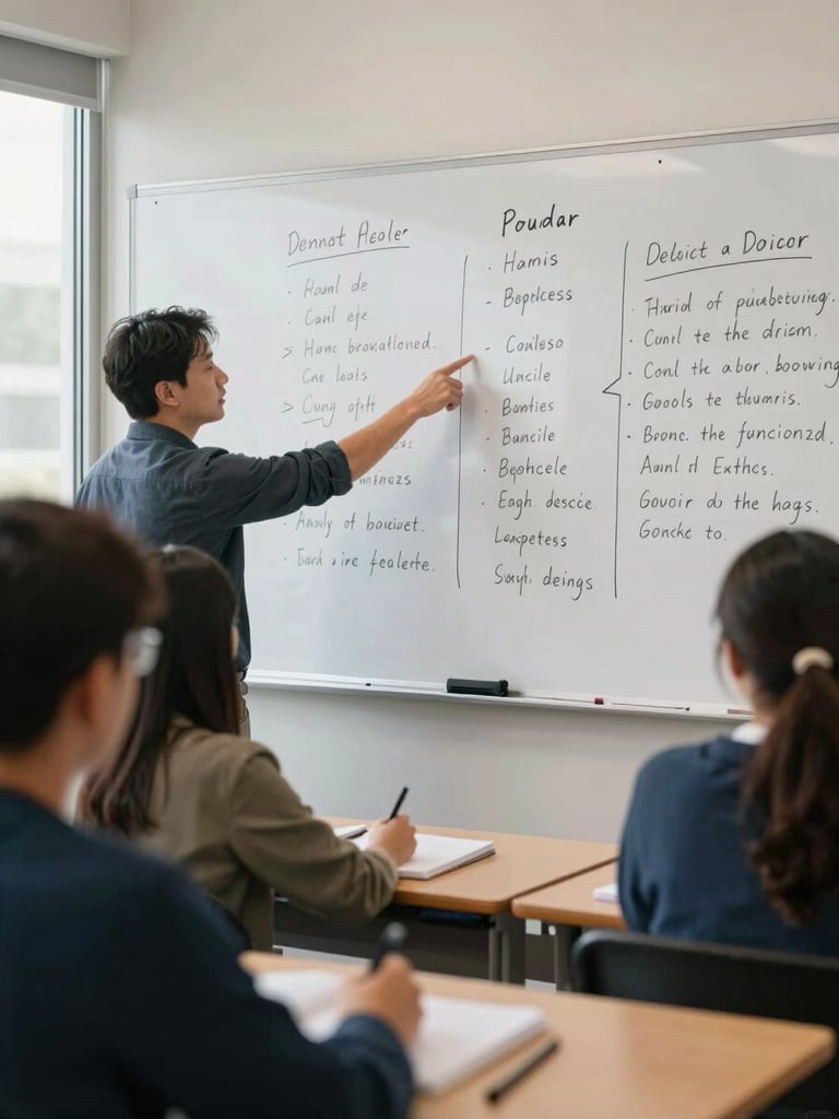 Close environmental shot of a classroom mid-lesson—a teacher's hand pointing at a whiteboard covered in structured notes, student notebooks open on desks in the foreground, overcast window light from the left, no faces visible