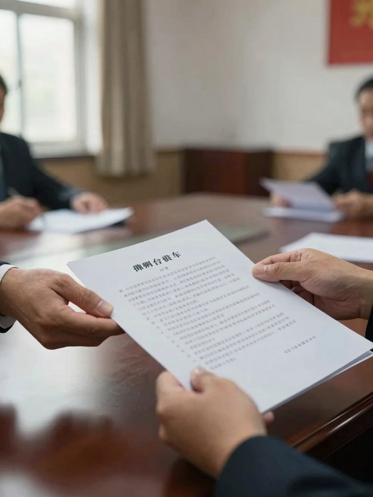 Close-up of hands exchanging printed documents across a table in a Chinese meeting room, natural window light from the left, institutional setting visible in soft background, documentary style