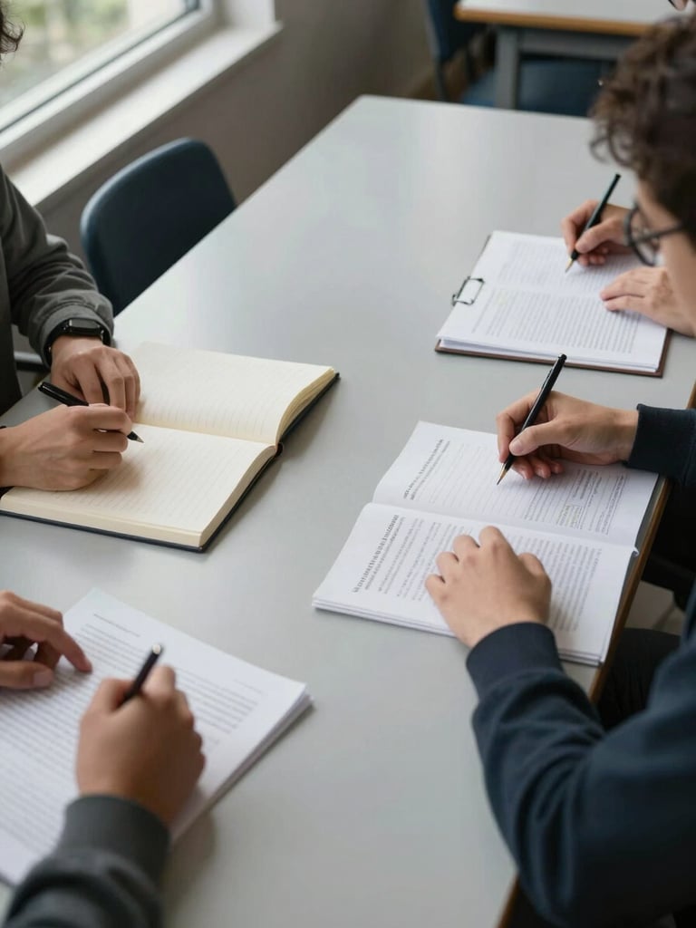 Overhead view of a university seminar table in active use—open notebooks, printed documents, hands in discussion, overcast window light from the left, no faces visible, documentary stillness