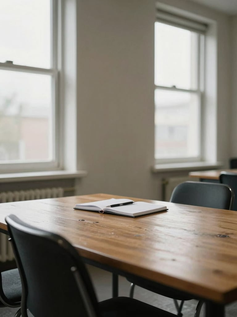 Wide shot of a quiet meeting room, two chairs angled toward each other across a worn oak table, a notebook open and a pen resting beside it, soft north-facing daylight through tall windows, no people visible, documentary stillness