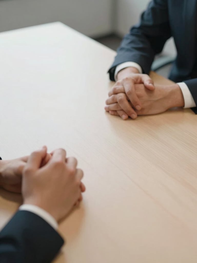 Close-up of two pairs of hands resting on a pale conference table, documents partially visible, north-facing office daylight, calm and still, shot from slightly above at a three-quarter angle, shallow depth of field on the table surface
