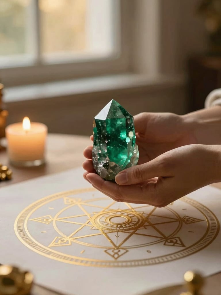 Close-up of hands holding a raw emerald crystal over a table with sacred geometry gold line drawings, soft warm candlelight, mystical editorial photography, 35mm lens