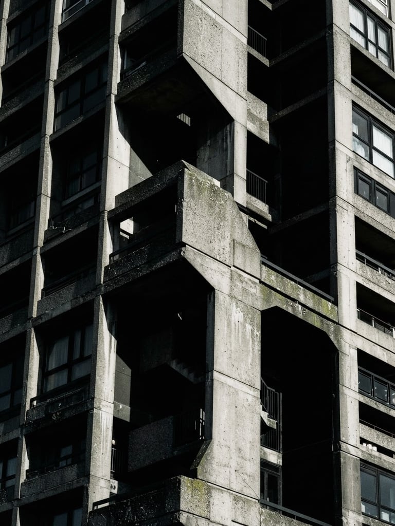 Stark architectural crop of a brutalist concrete tower in London, sharp angular concrete facade, hard directional late-afternoon sunlight casting deep black shadows, high-contrast 35mm photography