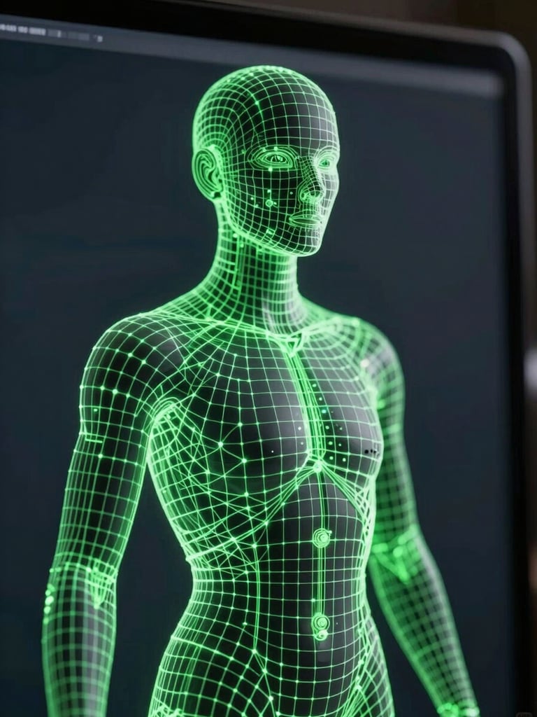 Close-up of a 3D character wireframe model on a dark screen with neon green node lines, dramatic studio lighting