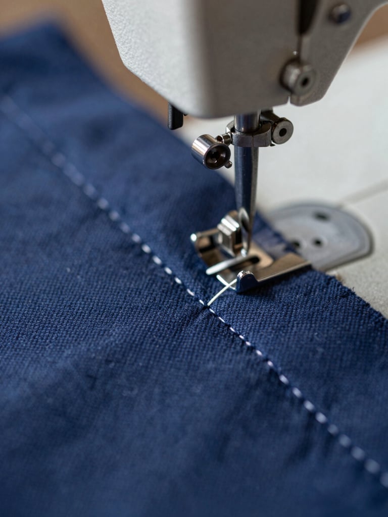 Macro close-up of heavy-duty double-needle stitching on navy blue canvas fabric, soft side lighting revealing cotton texture, industrial sewing machine needle blurred in background
