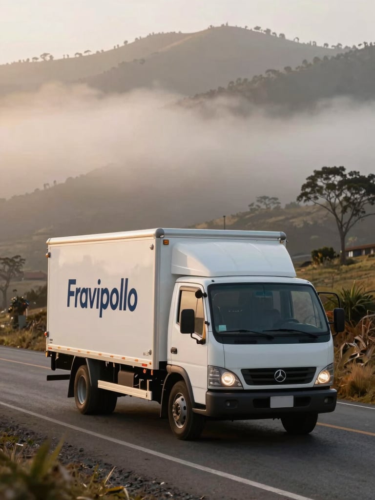 Camión de reparto blanco moderno de Fravipollo transitando una carretera andina colombiana al amanecer, neblina suave, luz cálida del sol naciente.