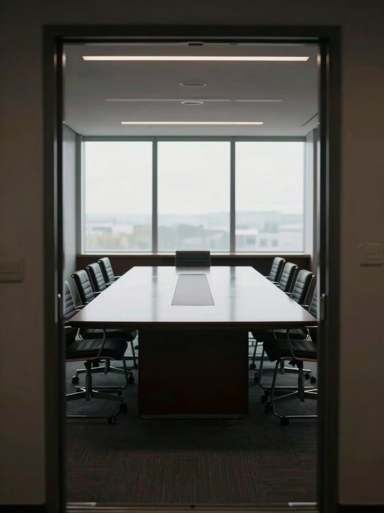 Wide environmental shot from a doorway looking into an empty boardroom, a long dark table reflecting overhead light, floor-to-ceiling windows with soft natural daylight, no people present, architectural calm