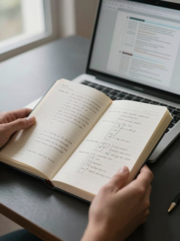 Close-up of hands holding an open notebook with handwritten strategic planning notes on a dark desk, a laptop screen partially visible in the background showing a structured framework, natural office window light from the left