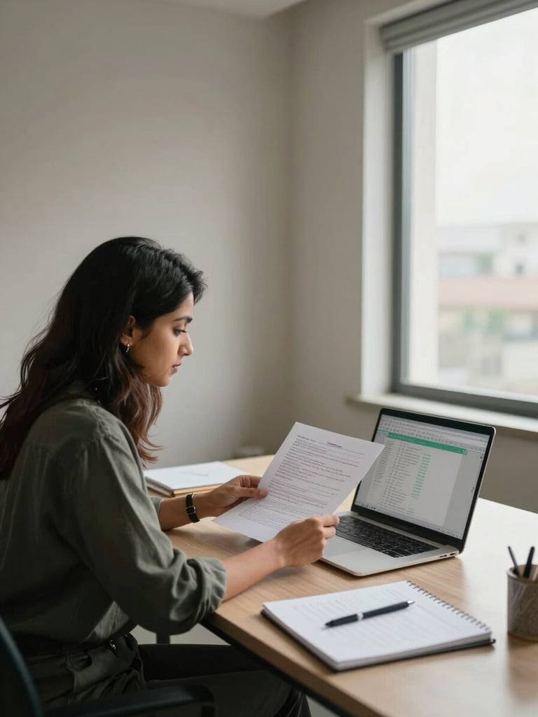 Wide environmental shot from the left side of a clean office desk, Bhawandeep Kaur seated and reviewing printed strategy documents, natural daylight entering from a large window on the right, neutral walls, laptop open showing a spreadsheet, notepad with handwritten notes visible in the foreground, exposure-neutral lighting, no dramatic shadows