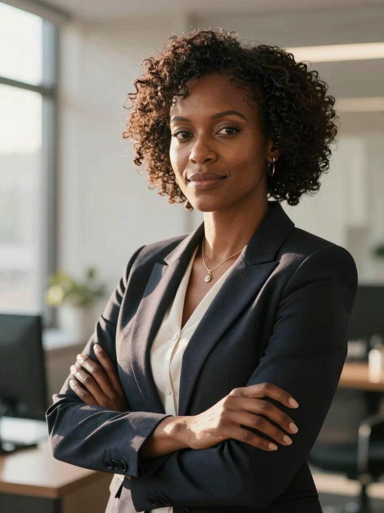 Dignified portrait of an African female executive in a warm, sunlit office, showing quiet confidence and professional authority, soft morning light