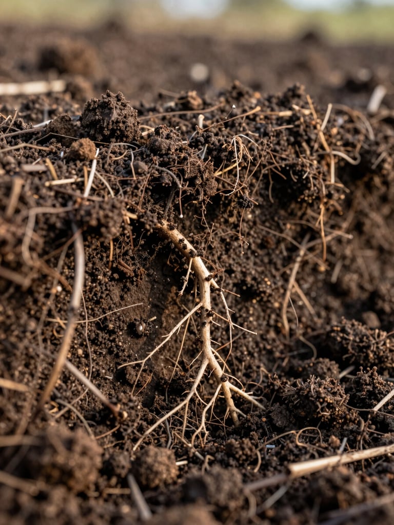 Extreme macro close-up of rich dark loam soil structure, visible organic matter and root systems, early morning low-angle sunlight, 35mm lens