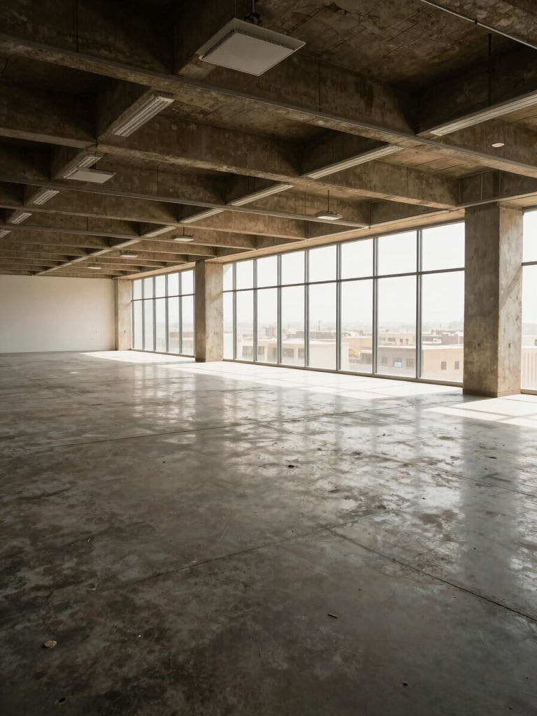 Wide interior of a completed commercial office floor in Egypt, exposed ceiling with integrated HVAC diffusers and lighting grids, polished concrete floor, natural daylight from full-height glazing on the far wall, no occupants, shot from the far corner showing the full depth of the space