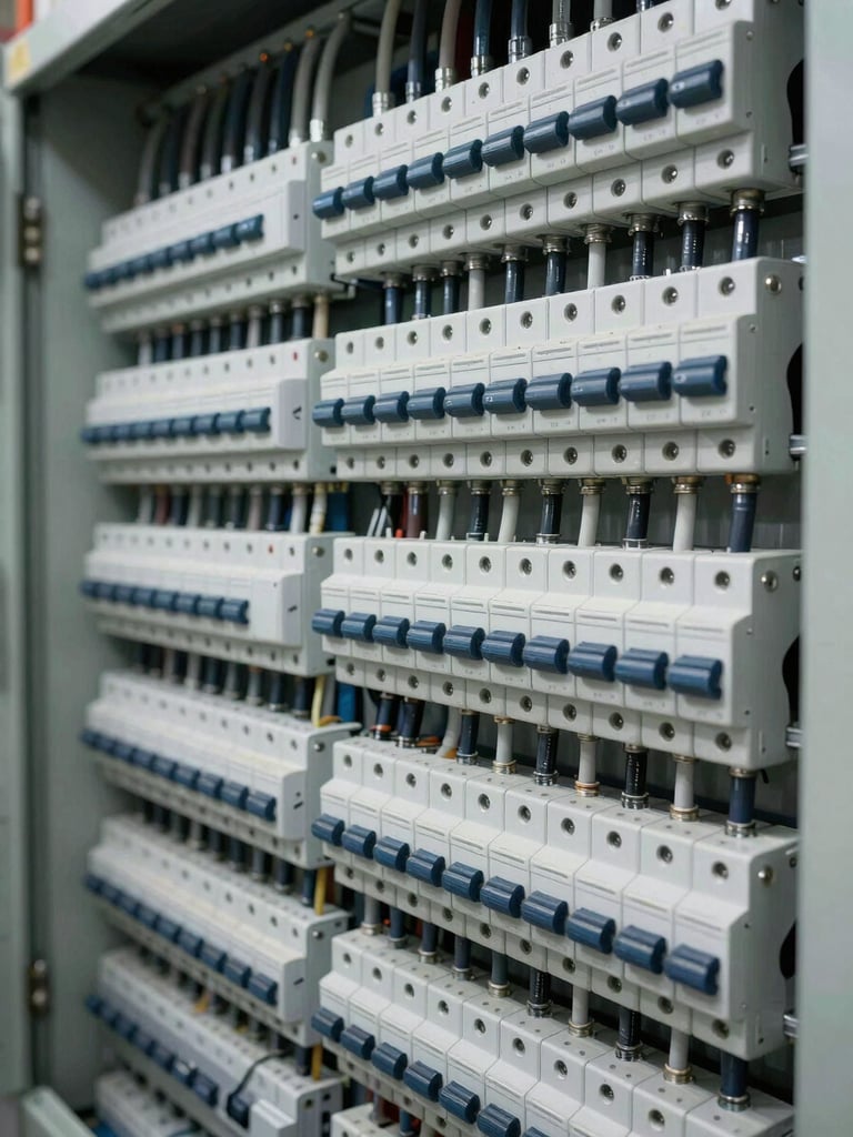 Close-up wide shot of a completed electrical distribution panel array in a commercial building, rows of circuit breakers and labeled cable conduits running in organized parallel lines, site tungsten lighting, sharp technical detail visible at the junction level, no people