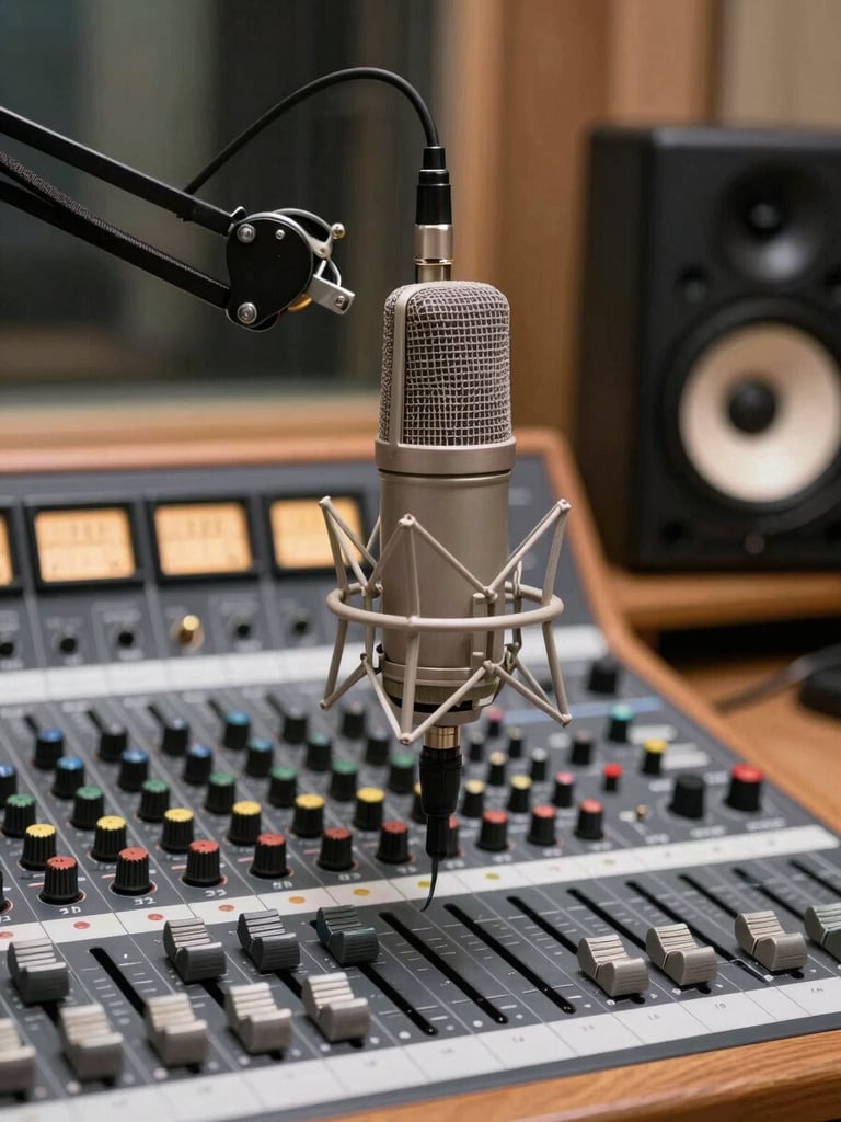 Close-up environmental shot of a podcast recording desk — a large-diaphragm condenser microphone on a boom arm centered in frame, mixer faders and level meters visible in the background, studio monitor speaker to the right, clinical strobe lighting revealing every knob and connector, no people, function-first framing
