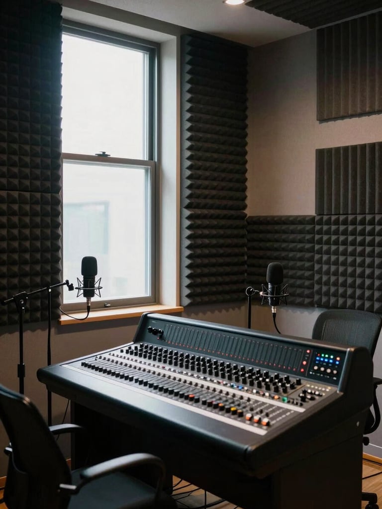 Wide environmental shot of a professional podcast recording studio interior, north-facing daylight from a single high window on the left wall, acoustic foam panels covering three walls, a mixing console in the foreground center, two microphone stands visible, empty chairs, no people, clinical and functional