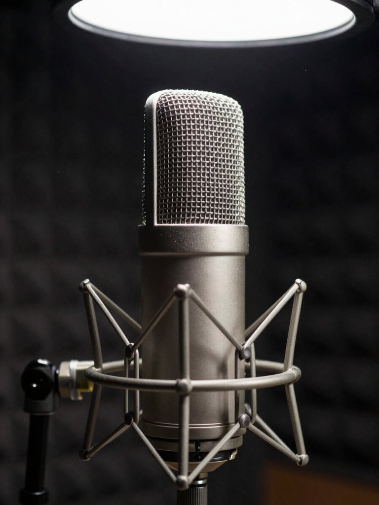 Extreme close-up of a large-diaphragm condenser microphone in a shock mount, positioned left-of-center in frame against a dark acoustic panel background, studio strobe lighting from above casting sharp clean shadows on the grille mesh, no human hands visible