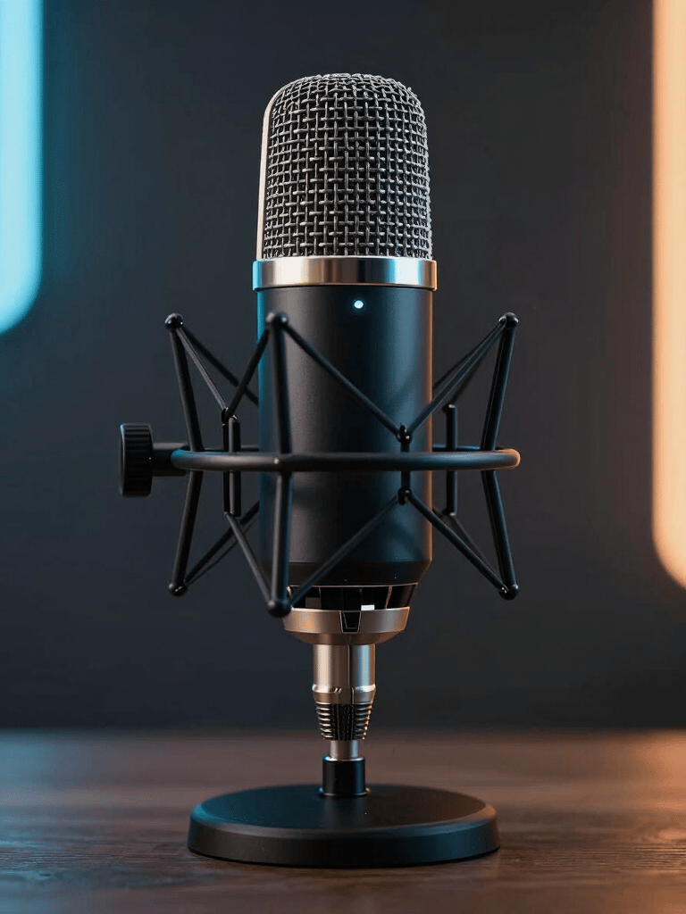 Close-up environmental shot of a podcast recording desk — a large-diaphragm condenser microphone on a boom arm centered in frame, mixer faders and level meters visible in the background, studio monitor speaker to the right, clinical strobe lighting revealing every knob and connector, no people, function-first framing
