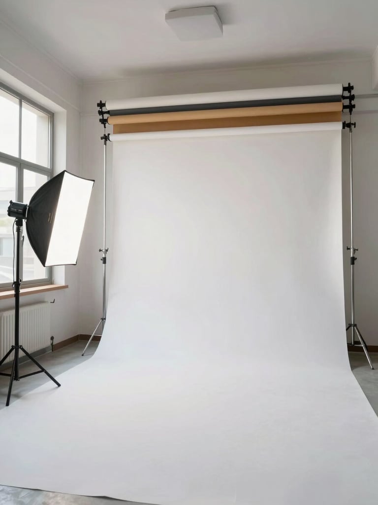 Wide environmental shot of an empty photography studio interior — backdrop rail system mounted overhead with three rolled paper backdrops visible, a large softbox light stand positioned to the left, north-facing window throwing even diffused daylight across a seamless white floor sweep, no subjects, room shown at full usable scale, documentary framing