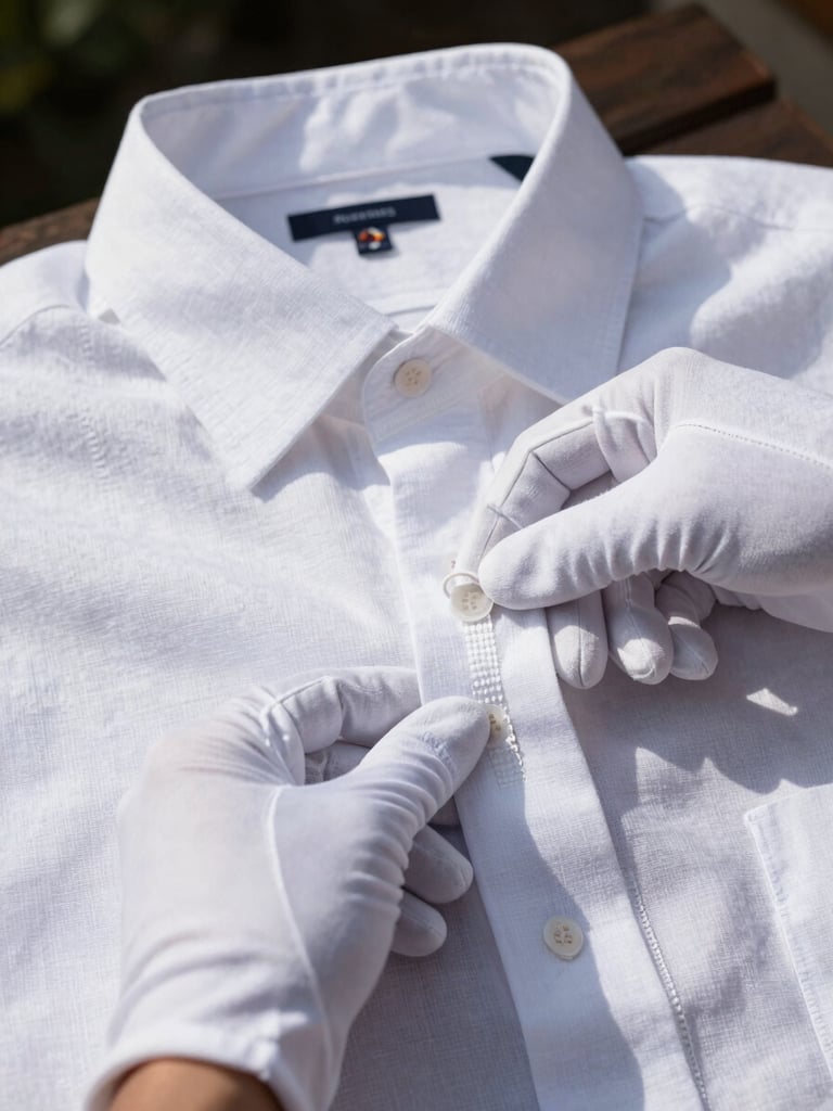 Close-up of hands in white gloves inspecting the weave of a crisp white linen shirt under bright daylight.
