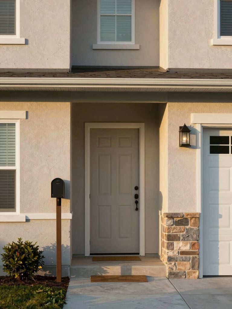 Modest suburban house exterior with a clean front door and a mailbox, warm golden hour light, realistic residential architecture, 35mm lens