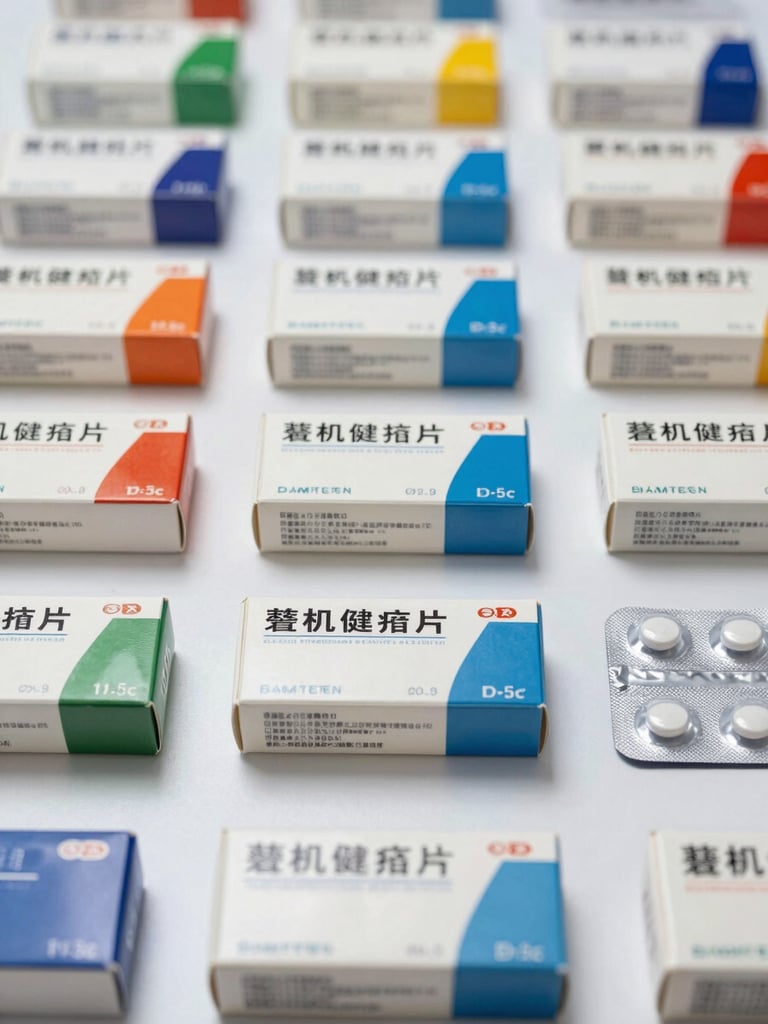 Close-up flat lay of pharmaceutical product boxes and sealed blister packs arranged in precise rows on a white clinical surface, controlled studio lighting, sharp focus on packaging labels, no hands, no people