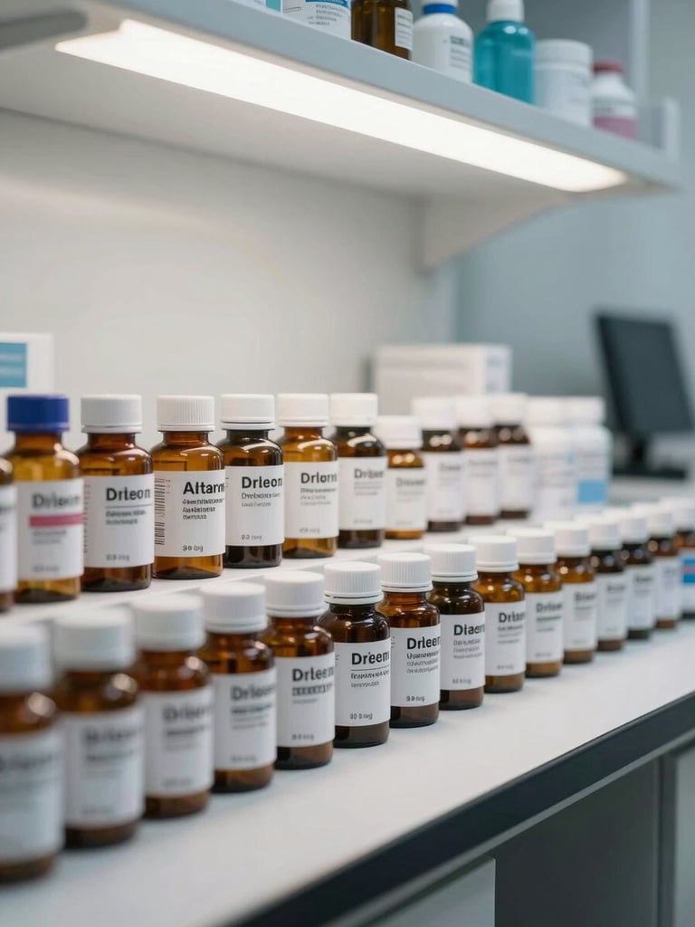 Side-angle shot of a clinical pharmacist workspace, organized rows of labeled pharmaceutical bottles on a white counter under bright overhead lighting, no people, high contrast, clean background, product labels sharp and legible