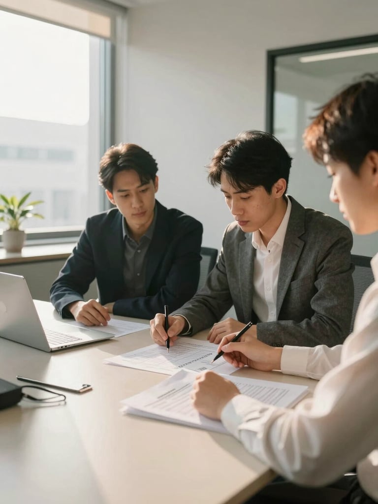 Wide shot of a naturally lit office meeting room, two professionals seated across a desk reviewing a printed compliance checklist together, documents open, warm afternoon light from a side window, organized and calm