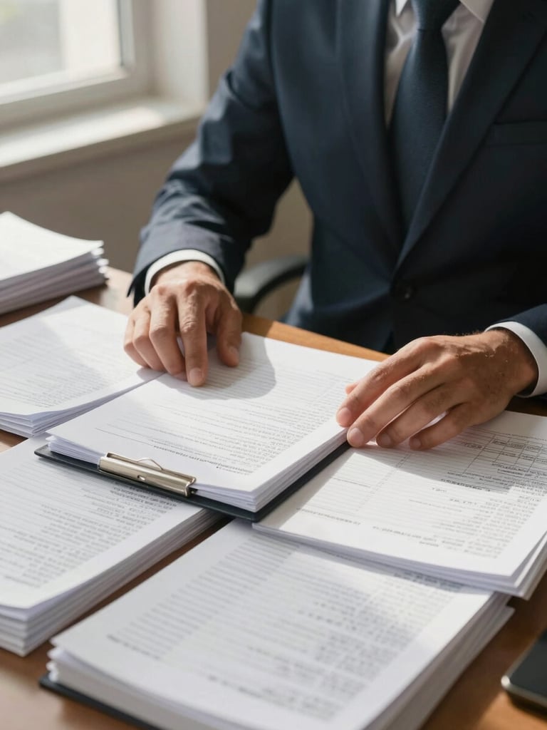 Medium shot of a compliance professional at a desk covered in organized tax files and payroll records, warm natural light from a side window, hands resting on an open document, genuine work-in-progress atmosphere