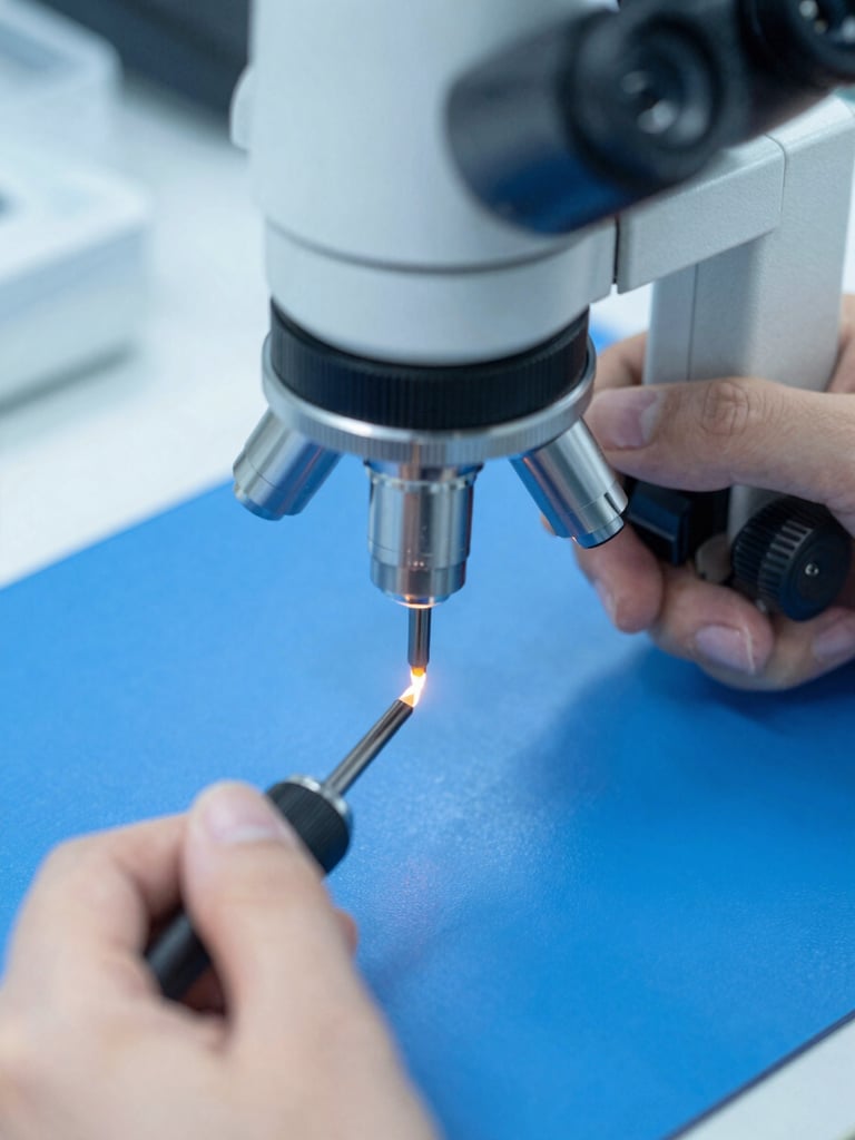 Macro photograph of a technician using a microscopic soldering iron under a professional laboratory microscope, glowing solder joints visible, blue ESD-safe mat background, cool clinical lighting