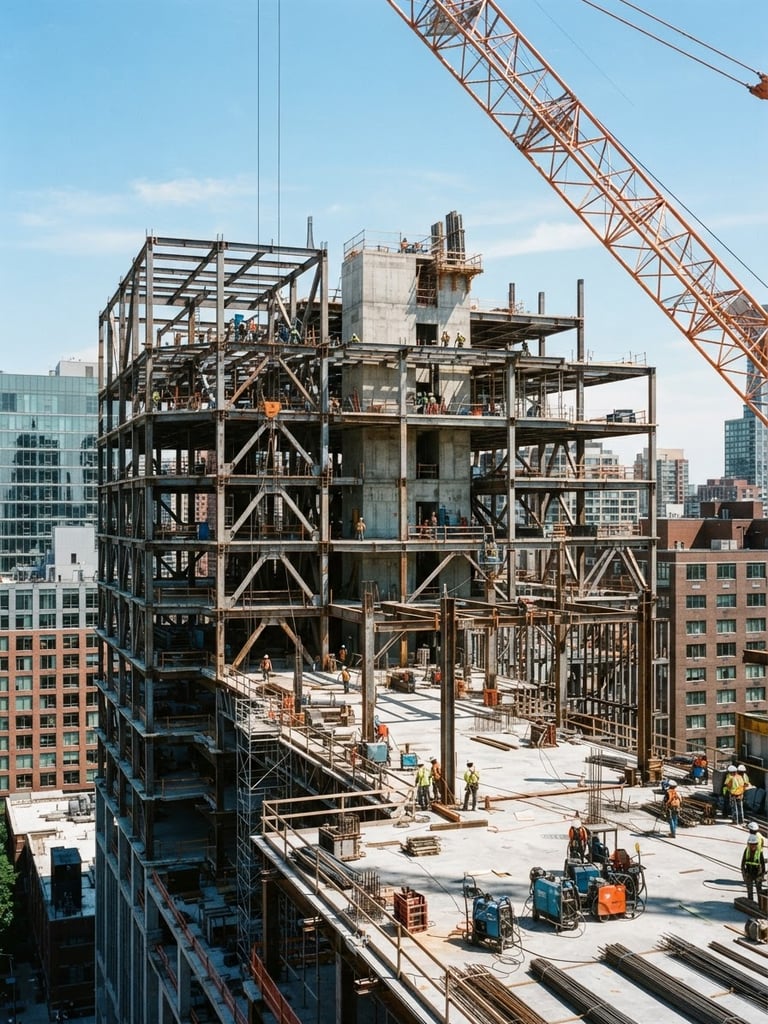 Crisp architectural photography of a modern commercial construction site mid-build, sharp daylight, deep shadows, structural steel and concrete, 35mm