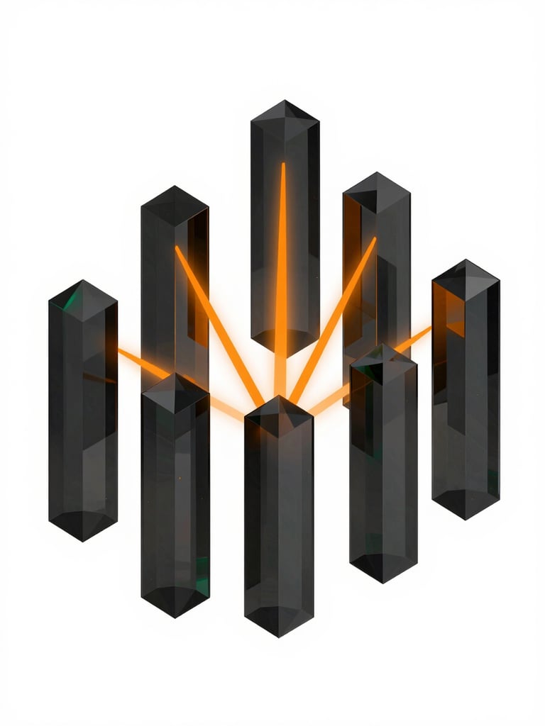 Isometric 3D render of dark glass prisms refracting sharp orange light beams, clean geometric data visualization, octane render