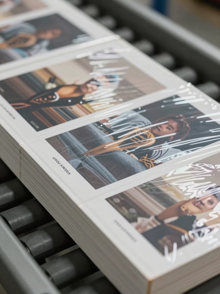 Extreme close-up overhead shot of shrink-wrap film being sealed over a stack of printed editorial books on a production conveyor, neutral factory daylight, crisp packaging detail visible