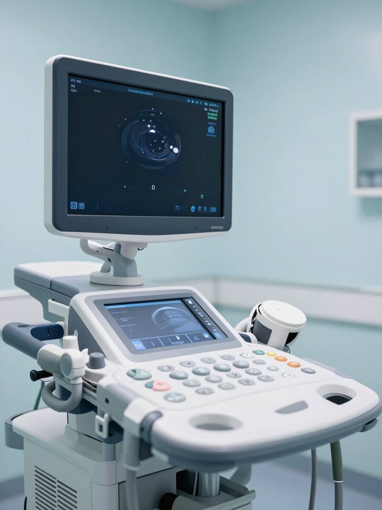 A clean, modern ultrasound machine in a brightly lit, sterile clinical room with light blue walls.