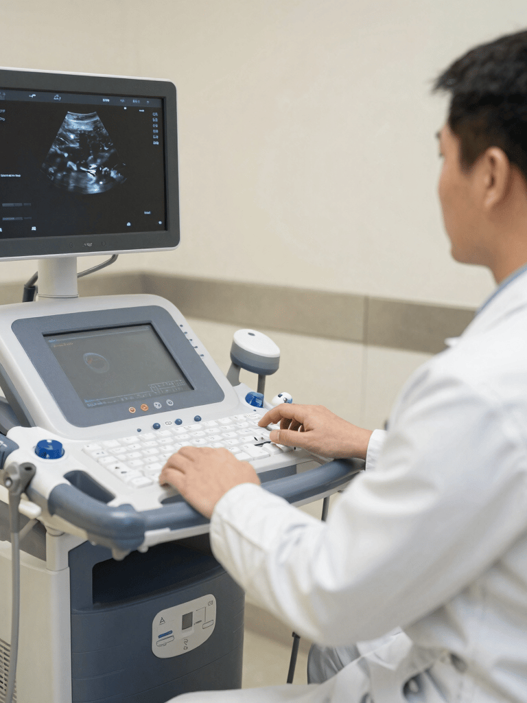 A male doctor in a white coat operates a medical ultrasound machine to perform a diagnostic scan.