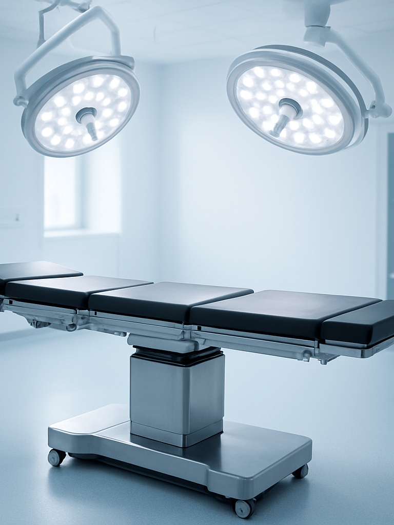 sleek stainless steel modular operating table in a bright sterile operating room, surgical lamps overhead, clean high-key lighting, professional clinical setup
