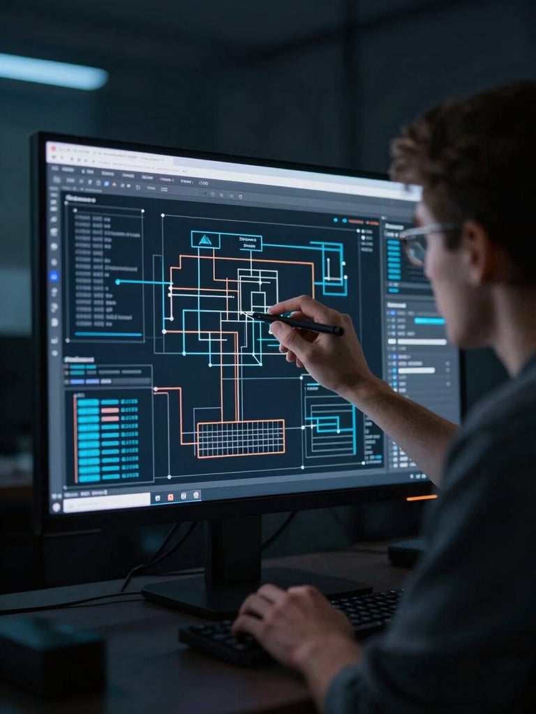 A developer analyzing complex system architecture diagrams on a high-resolution screen in a dark, low-key studio environment, cool blue accents, 35mm.