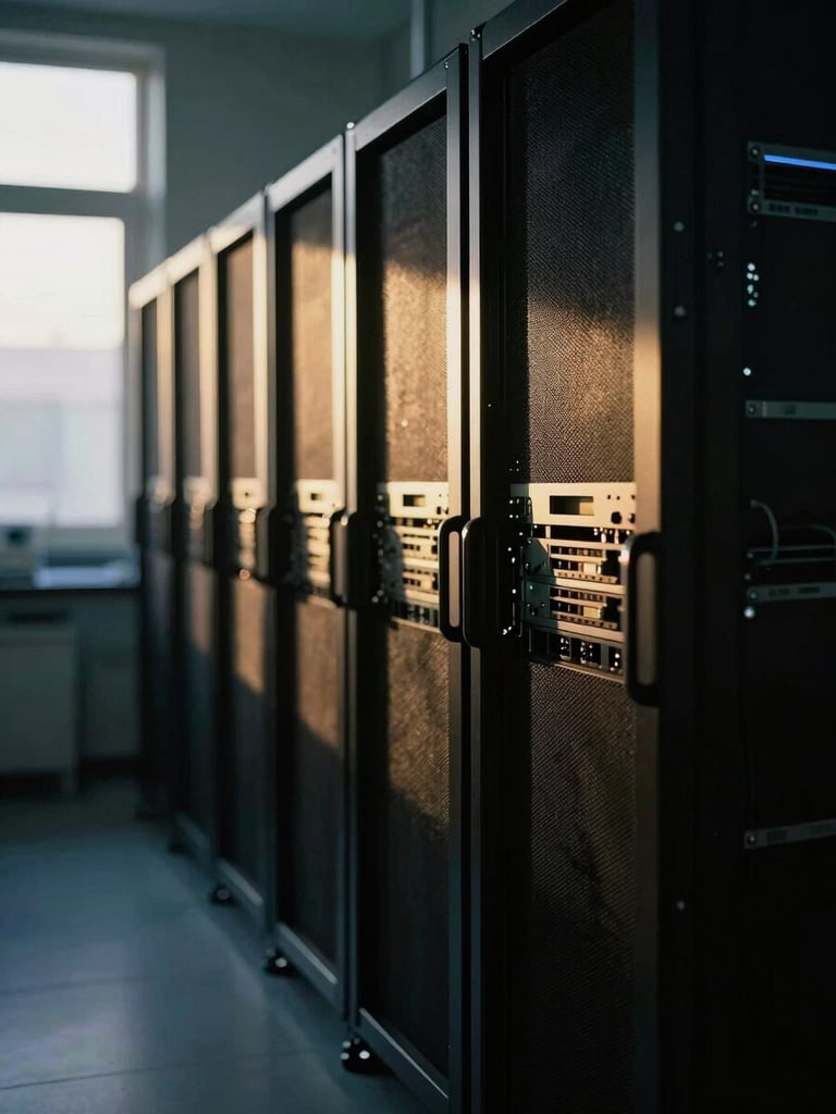 Dramatic low-key photography of a modern medical research laboratory, glowing server racks blurred in the background, sharp directional light, deep shadows