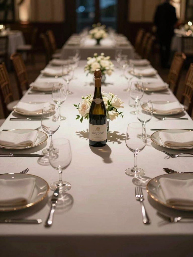 Cinematic detail of elegant table settings at a luxury wedding, warm ambient evening glow, shallow depth-of-field, 35mm